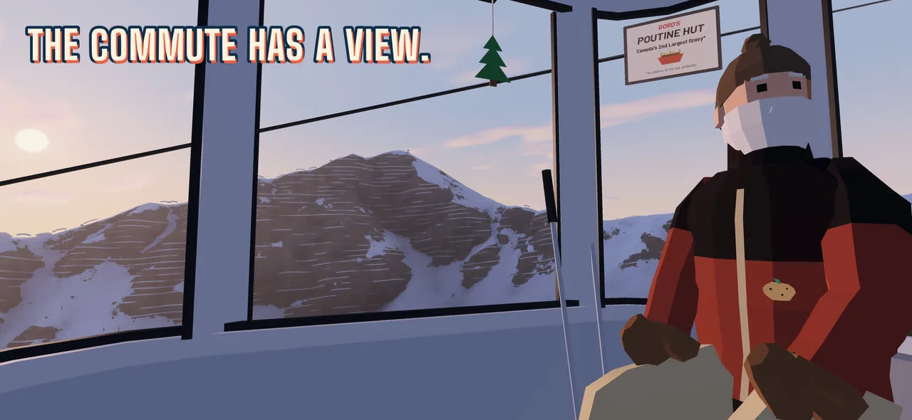 The commute has a view: riding the gondola up, the peaks out the window.